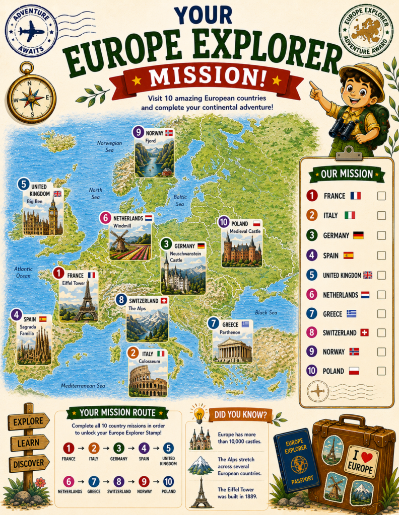 Europe Explorer mission map featuring 10 European countries, passport visa challenge, and geography adventure for kids