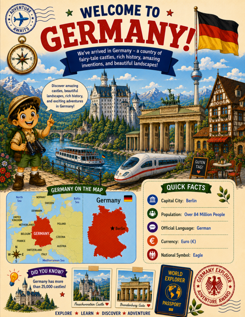 Germany for kids geography page featuring Berlin, Neuschwanstein Castle, map of Germany, German flag, and country facts