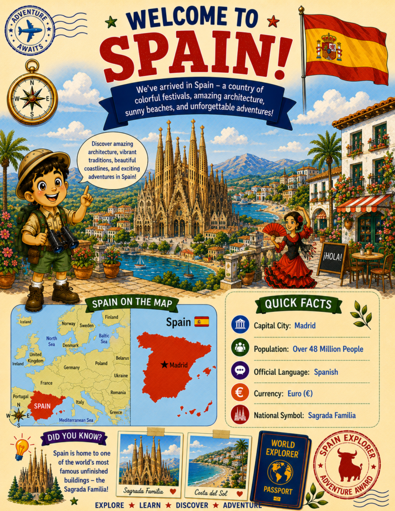 Spain for kids geography activity page featuring Madrid, Sagrada Familia, map of Spain, Spanish flag, and fun country facts