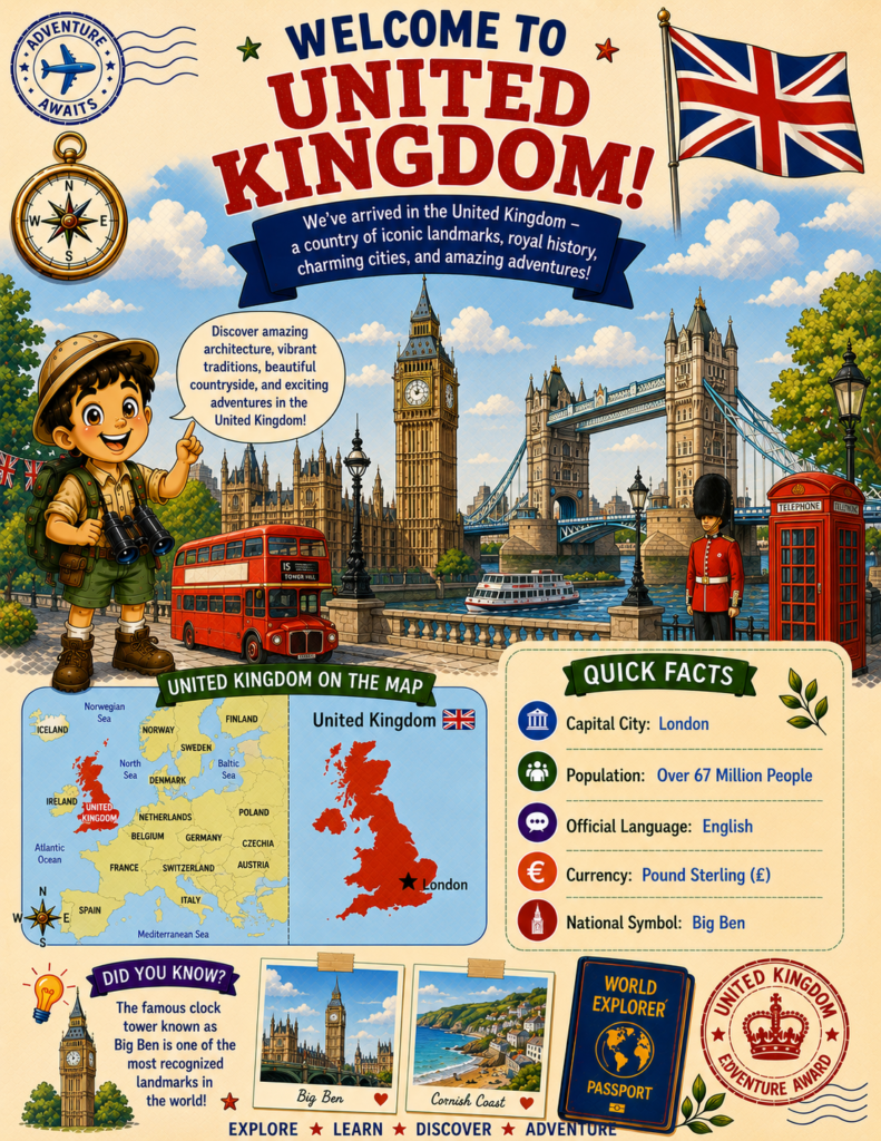 United Kingdom for kids geography page featuring London, Big Ben, map of the UK, British flag, and country facts
