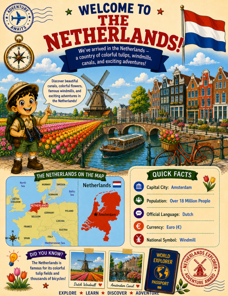 Netherlands for kids geography page featuring Amsterdam, windmills, map of the Netherlands, Dutch flag, and country facts