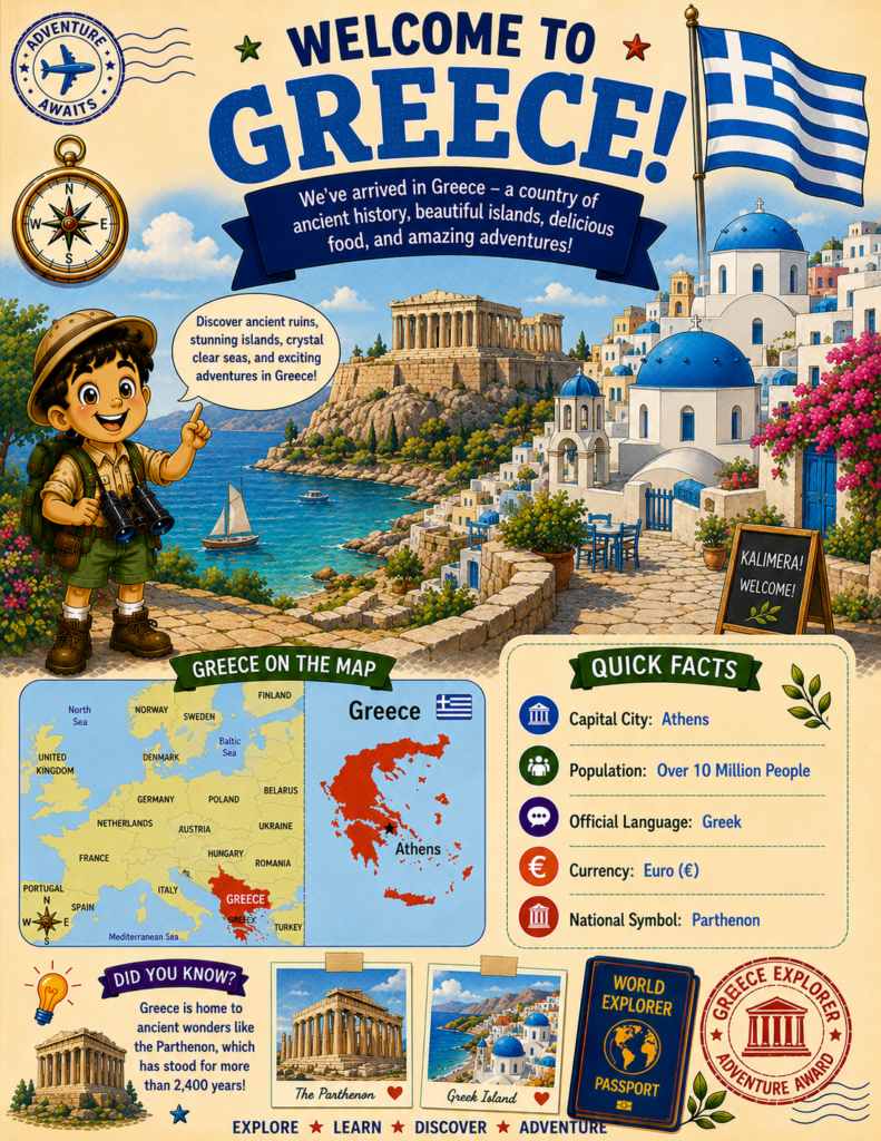 Greece for kids geography page featuring Athens, Parthenon, map of Greece, Greek flag, and country facts