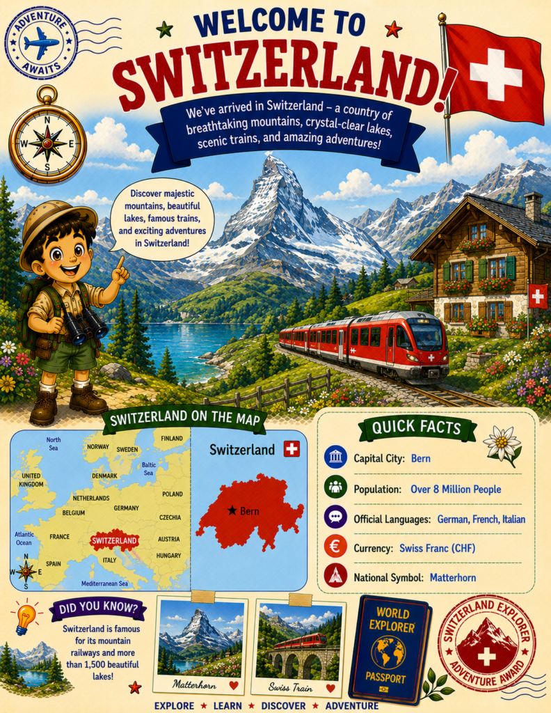 Switzerland for kids geography page featuring the Alps, map of Switzerland, Swiss flag, and country facts