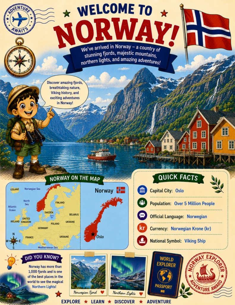 Norway for kids geography page featuring fjords, map of Norway, Norwegian flag, and country facts