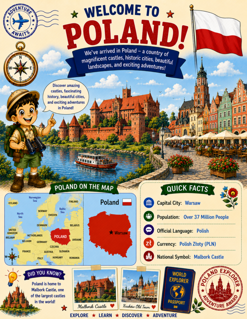Poland for kids geography page featuring Warsaw, map of Poland, Polish flag, and country facts