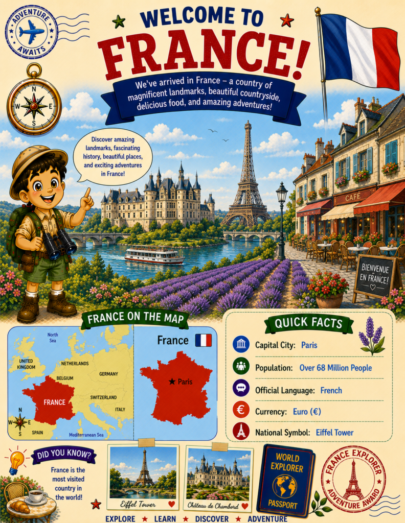 France for kids geography page featuring Paris, Eiffel Tower, map of France, French flag, and country facts