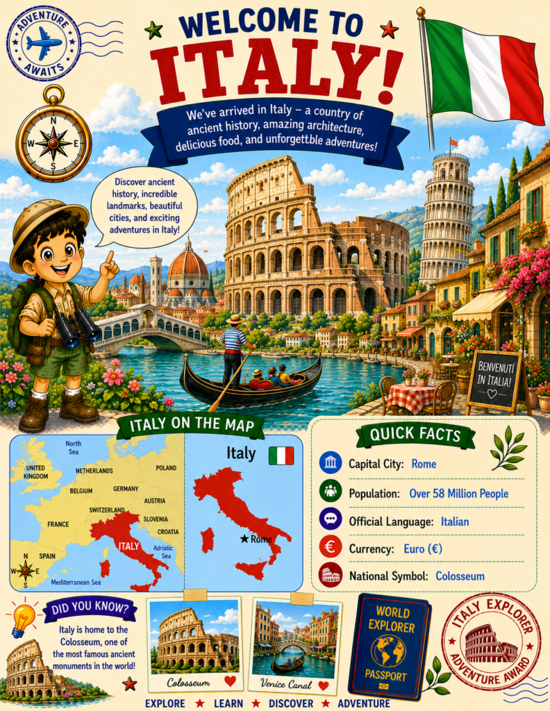 Italy for kids geography page featuring Rome, Colosseum, map of Italy, Italian flag, and country facts