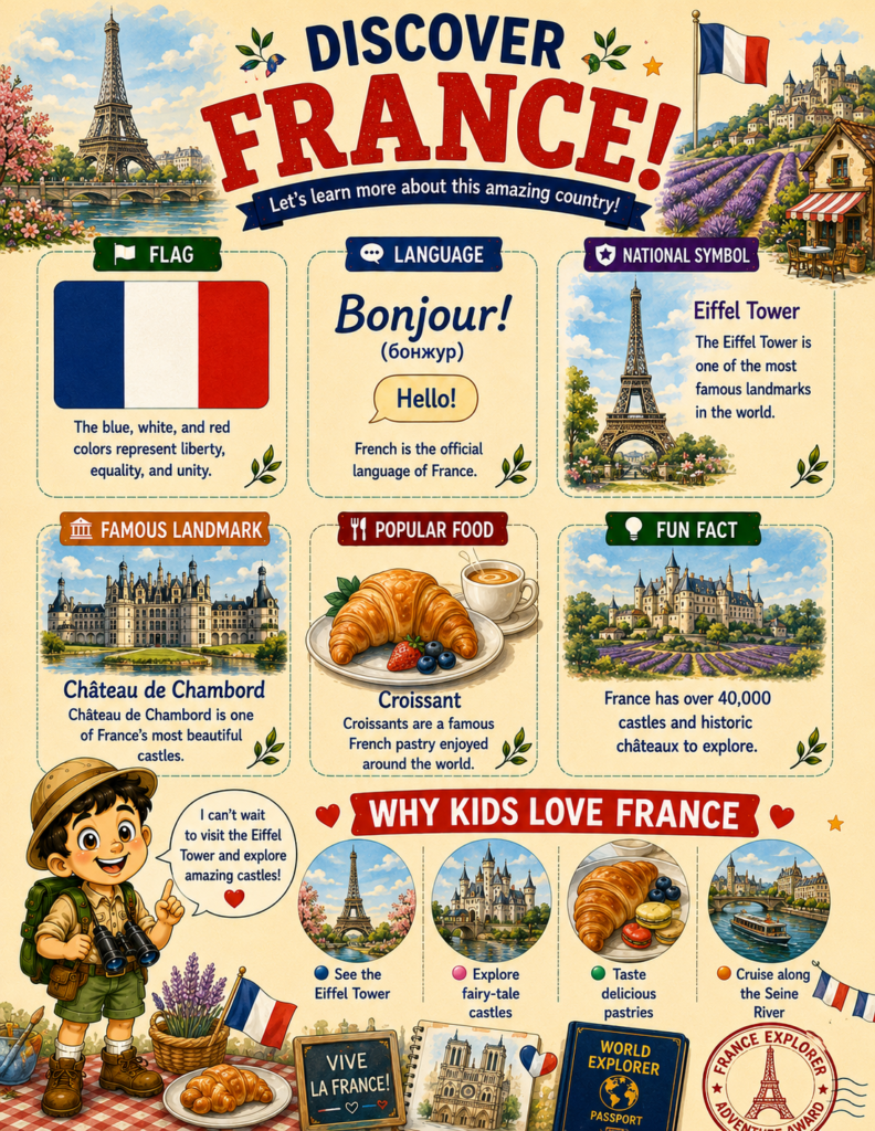 France facts for kids featuring the Eiffel Tower, croissant, French language, culture, and landmarks