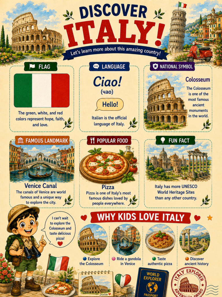 Italy facts for kids featuring the Colosseum, pizza, Italian culture, language, and landmarks