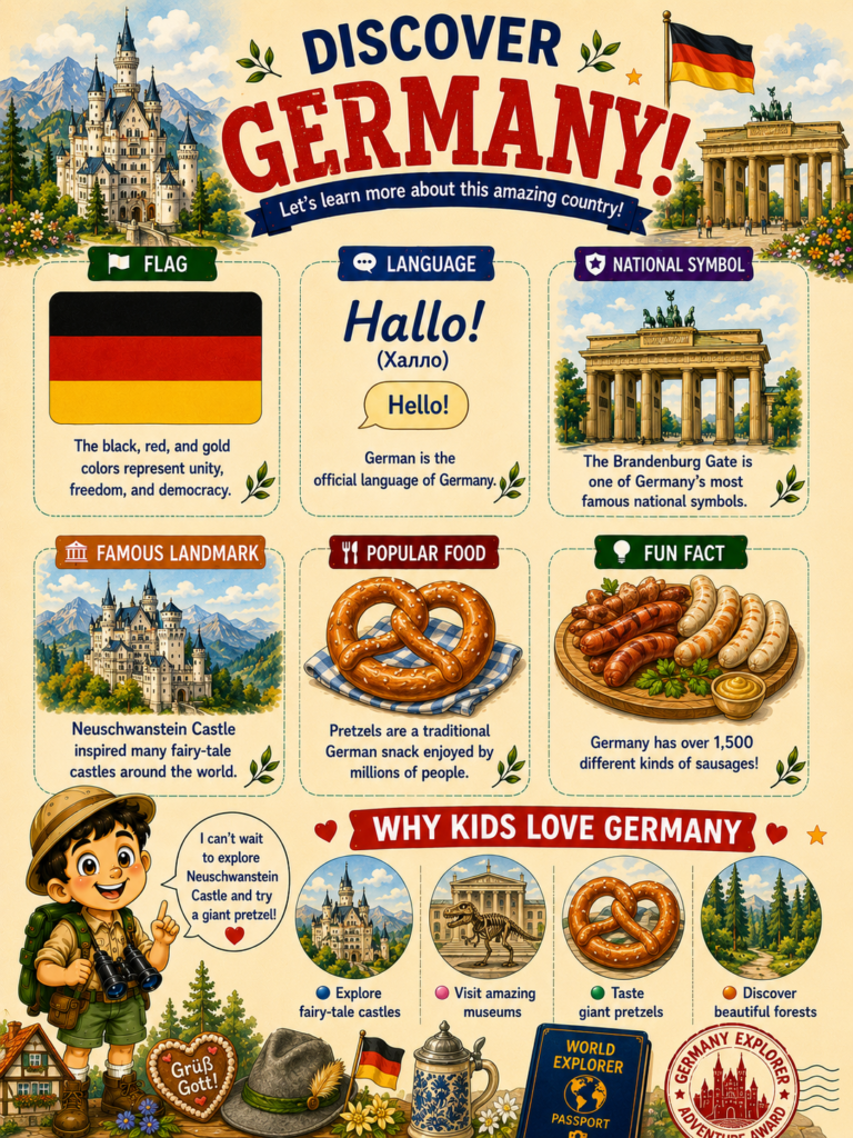 Germany facts for kids featuring pretzels, castles, German language, culture, and landmarks
