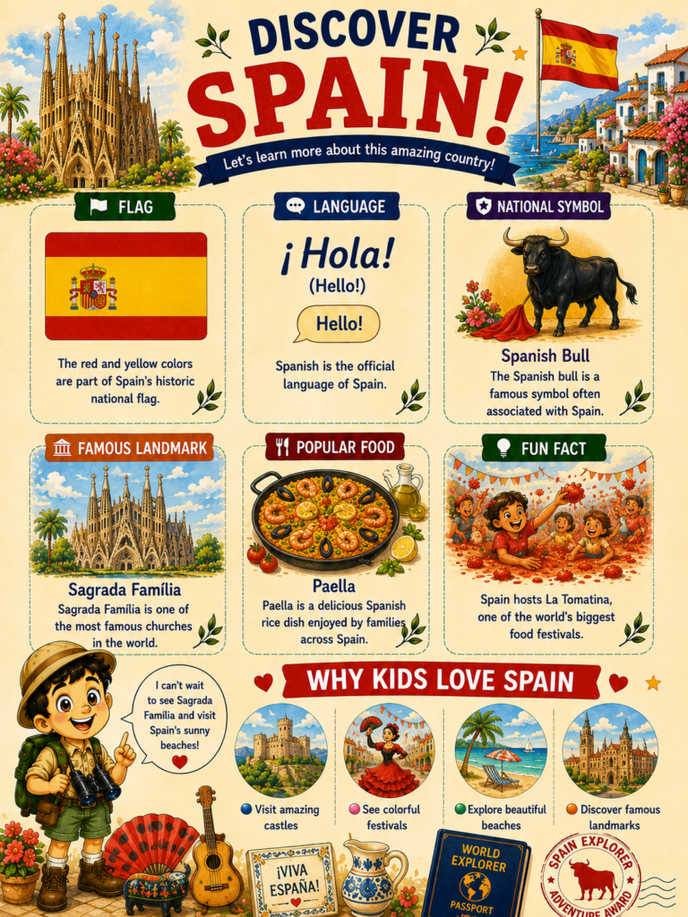 Spain facts for kids featuring the Spanish flag, Sagrada Familia, paella, Spanish culture, language, and geography activities