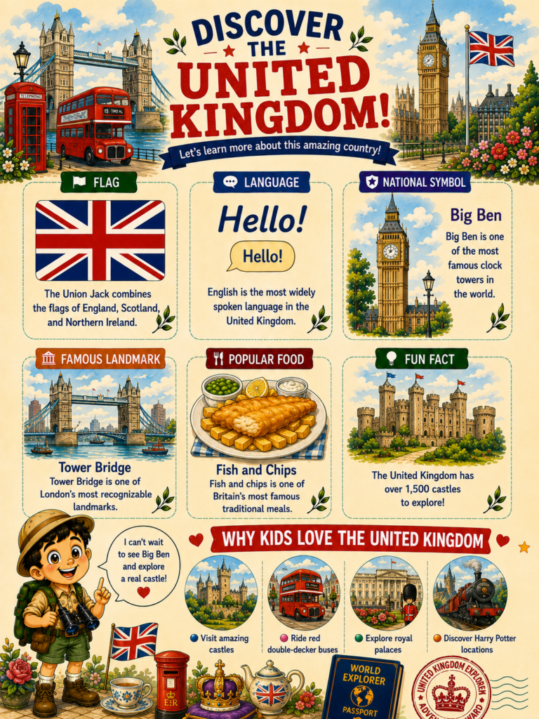 United Kingdom facts for kids featuring Big Ben, British culture, language, and famous landmarks