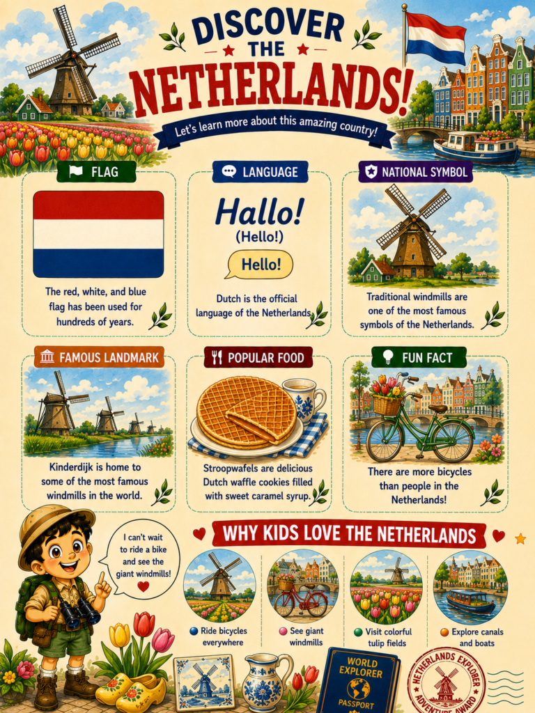 Netherlands facts for kids featuring tulips, windmills, Dutch culture, language, and landmarks