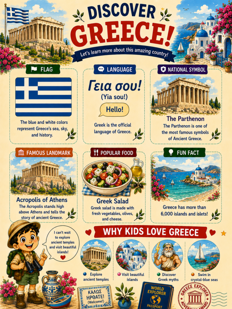 Greece facts for kids featuring ancient temples, Greek culture, language, and landmarks