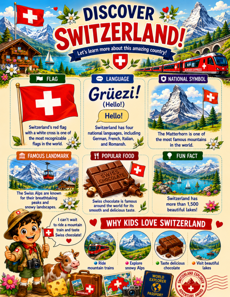 Switzerland facts for kids featuring mountains, Swiss culture, language, and famous landmarks