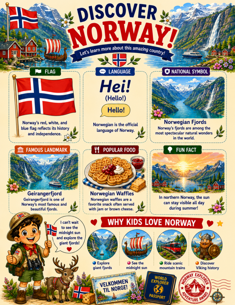 Norway facts for kids featuring fjords, wildlife, Norwegian culture, language, and landmarks