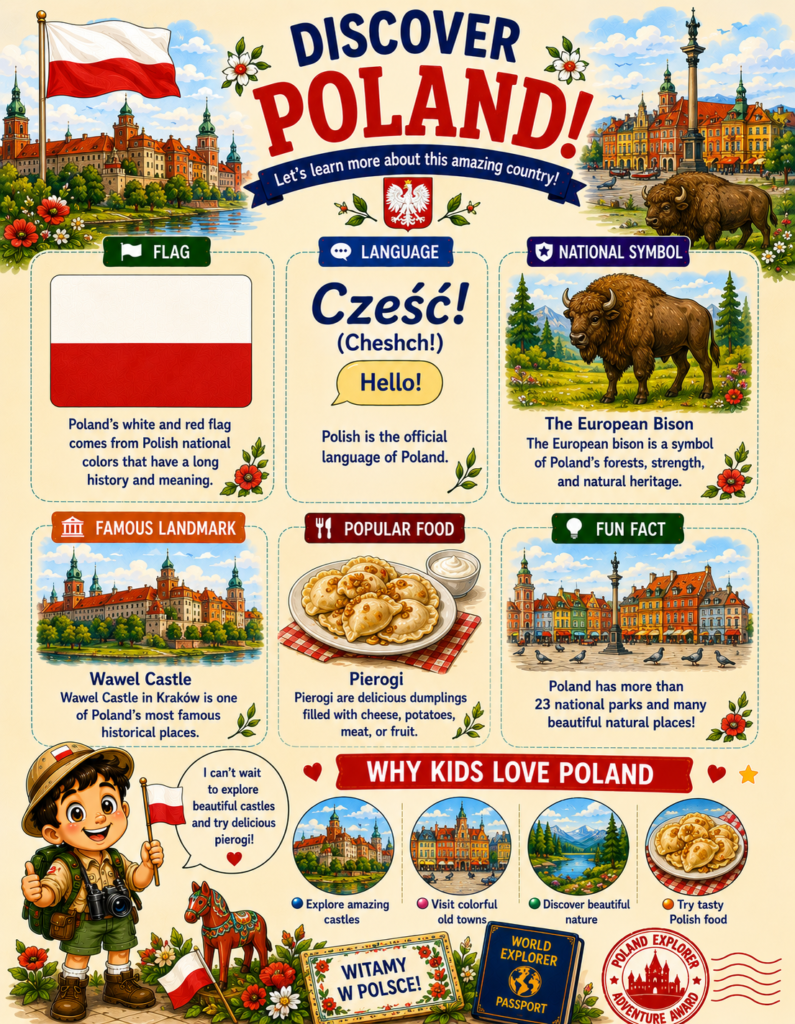 Poland facts for kids featuring castles, Polish culture, language, and famous landmarks