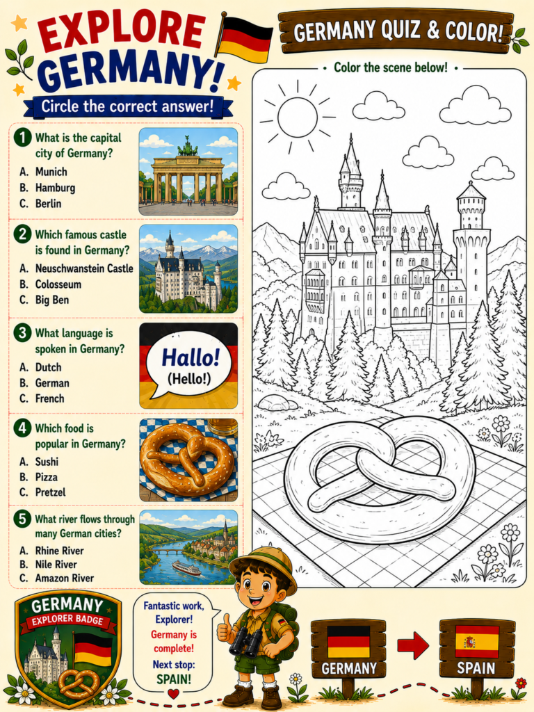 Germany quiz and coloring page for kids featuring Neuschwanstein Castle, German symbols, geography facts and educational activities