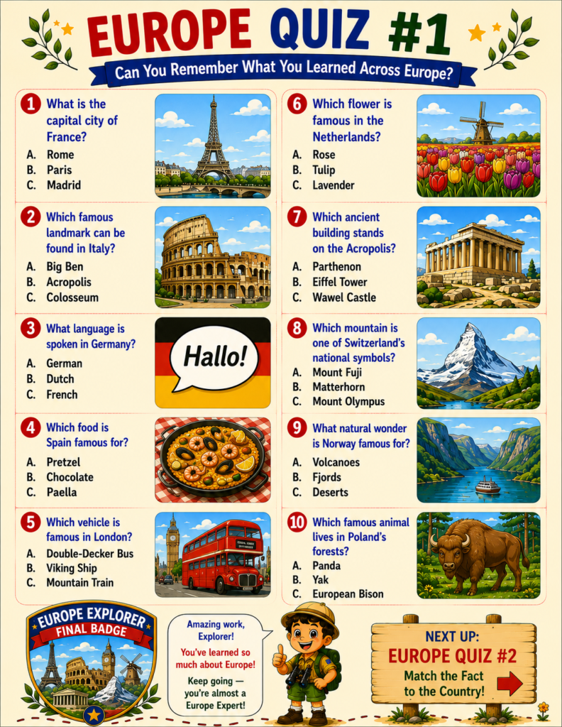 Europe geography quiz for kids featuring landmarks, countries, flags and educational challenges across Europe