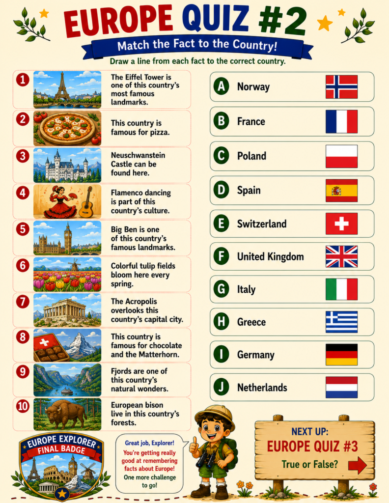 Europe matching quiz for kids featuring countries, landmarks, foods, flags and geography learning activities