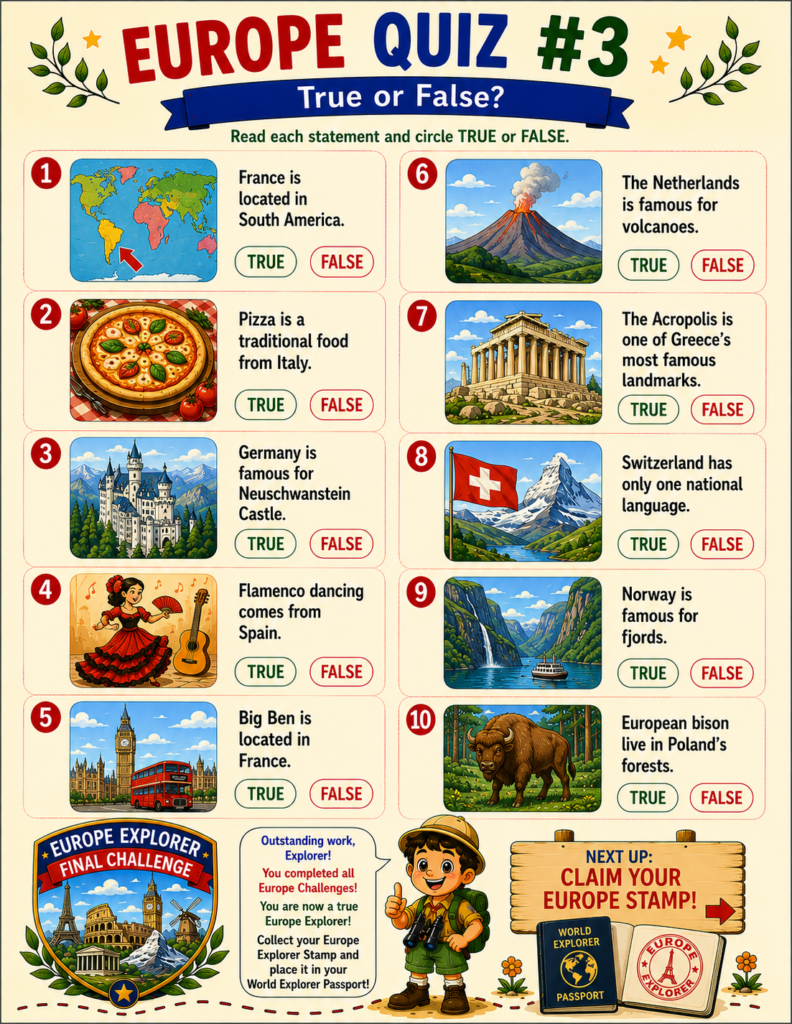 Europe true or false geography quiz for kids featuring European countries, landmarks and educational facts
