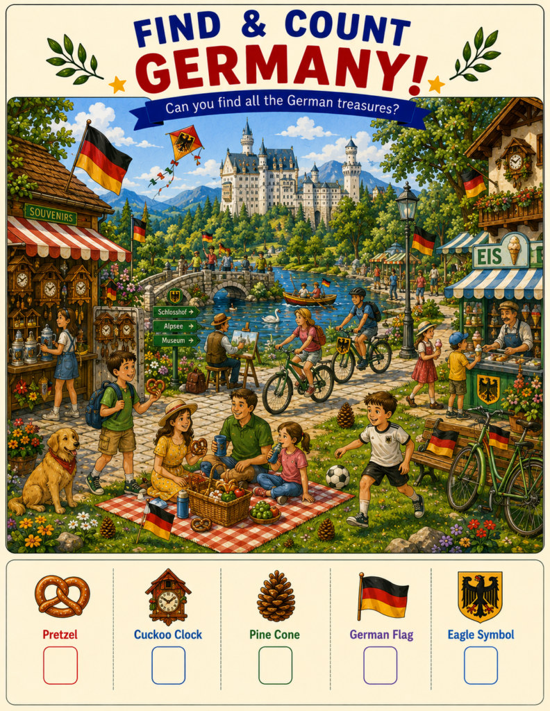 Germany for kids activity page featuring German landmarks, cultural treasures, hidden objects challenge and geography learning activities