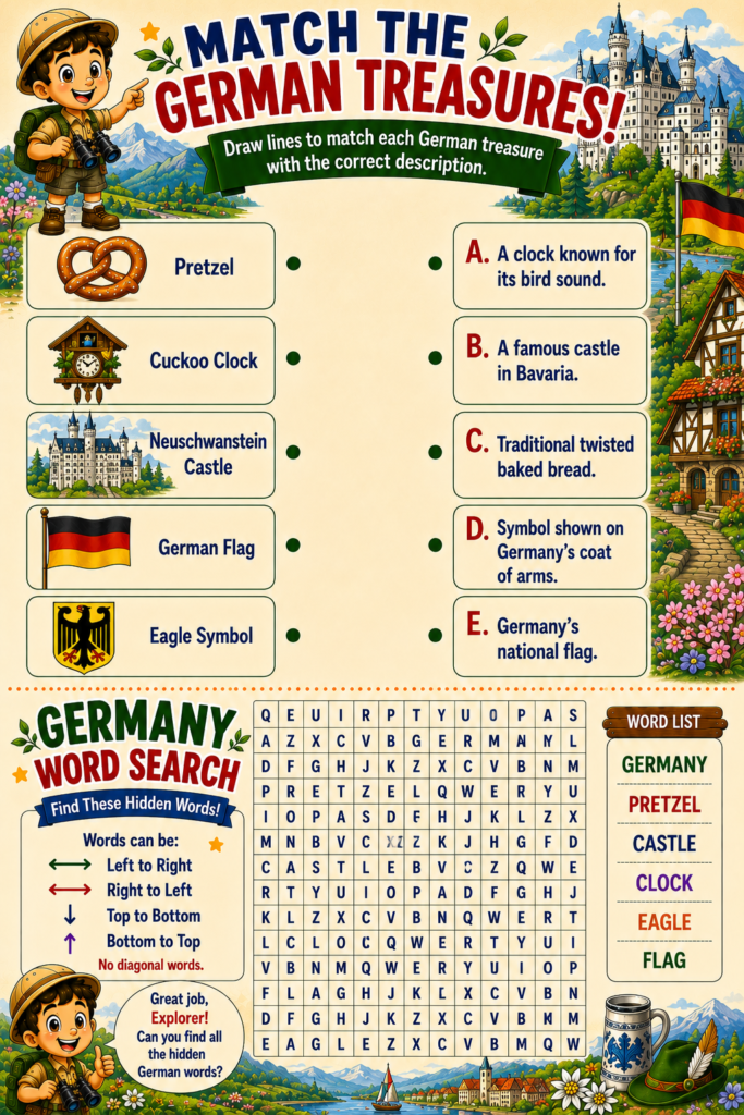 Germany geography activity for kids featuring matching game, word search puzzle, national symbols and cultural facts