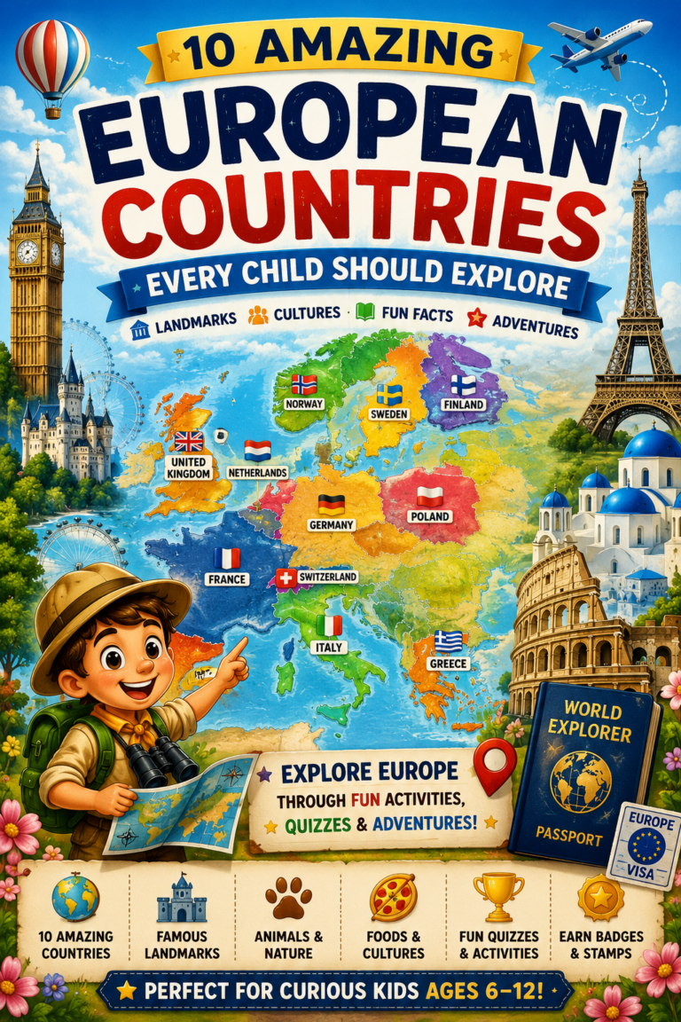 Europe true or false geography quiz for kids featuring European countries, landmarks and educational facts