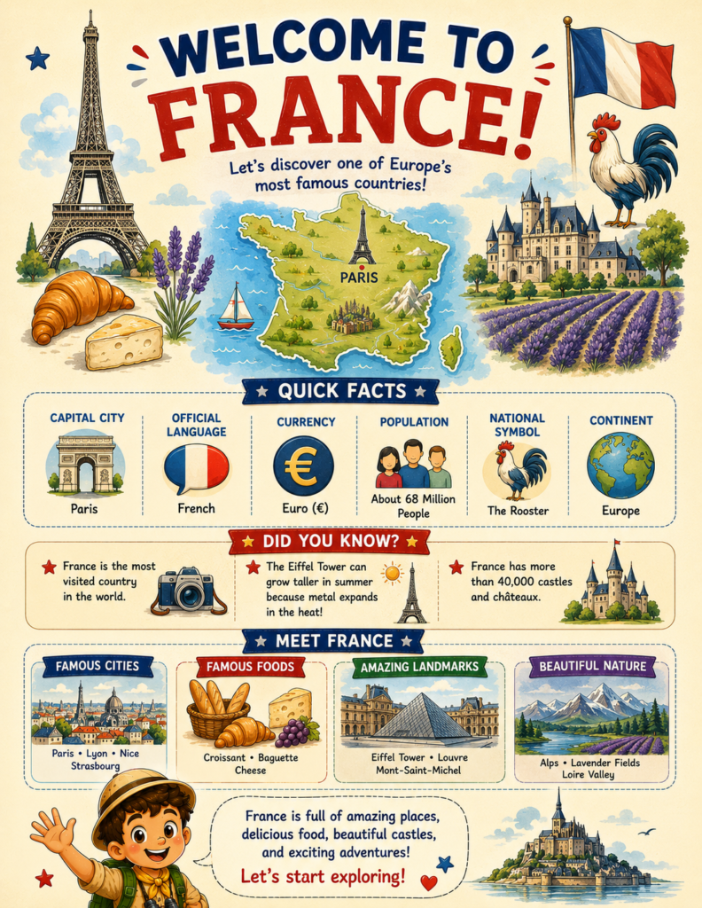 Map of France showing its location in Europe and the capital city Paris