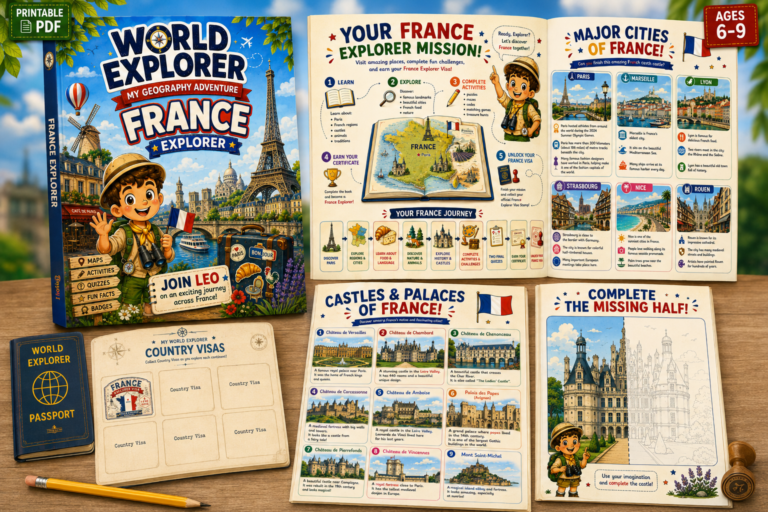 France for kids educational printable featuring famous landmarks, map and fun facts
