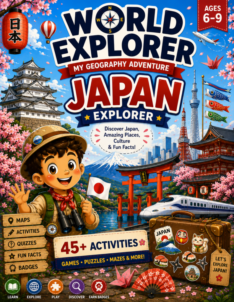 Japan Explorer printable activity book for kids featuring geography games, maps and fun facts