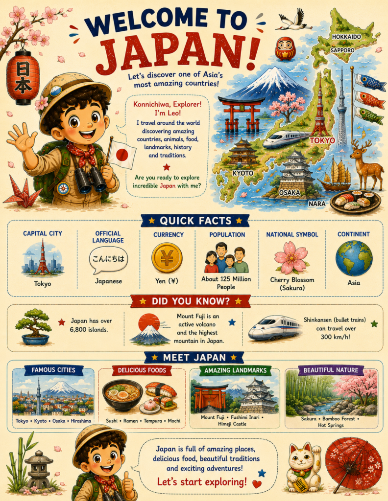 Welcome to Japan printable page with fun facts and country introduction for kids