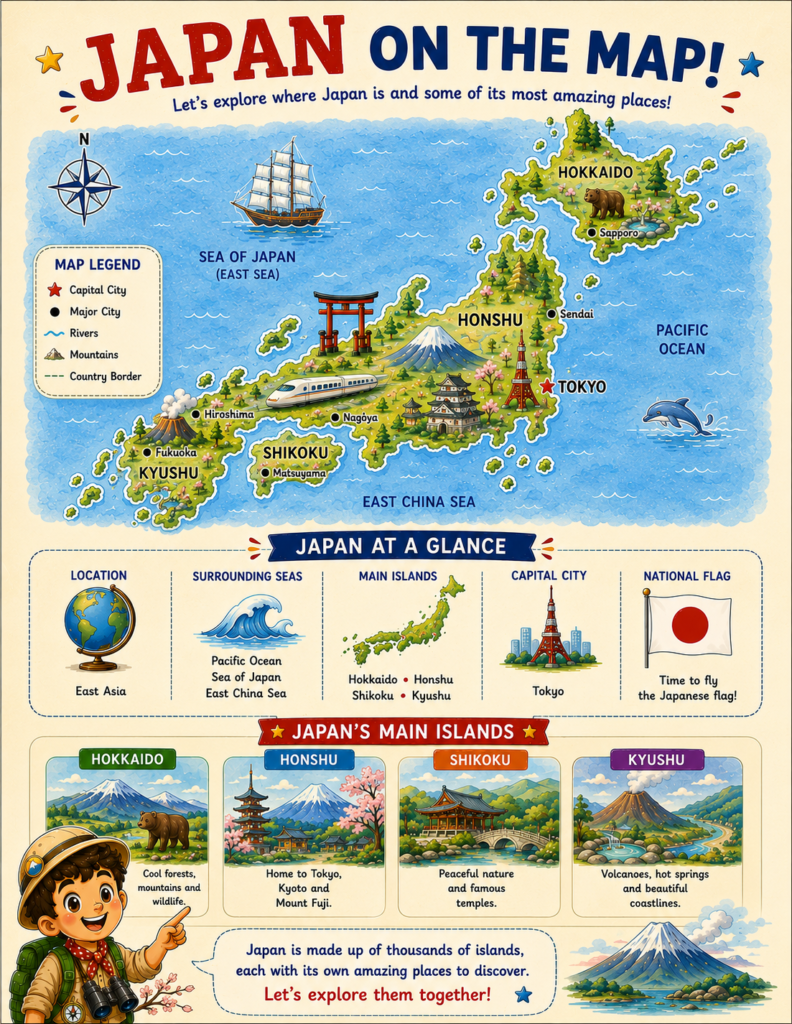 Printable map of Japan for kids showing regions and major locations