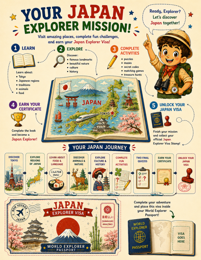 Japan Explorer mission page introducing a fun geography adventure for kids