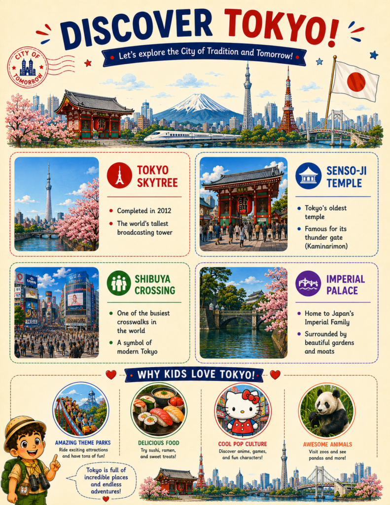Tokyo for kids printable page featuring fun facts and famous places in Japan