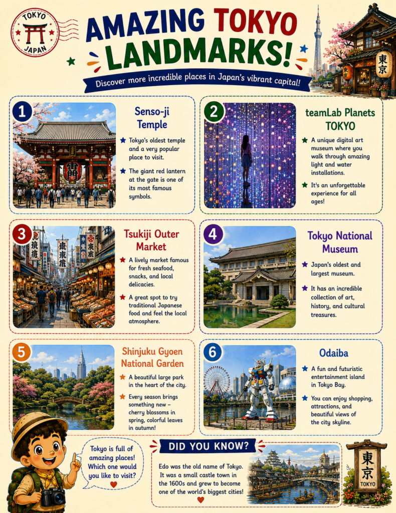 Famous Japanese landmarks printable page for kids featuring iconic places across Japan