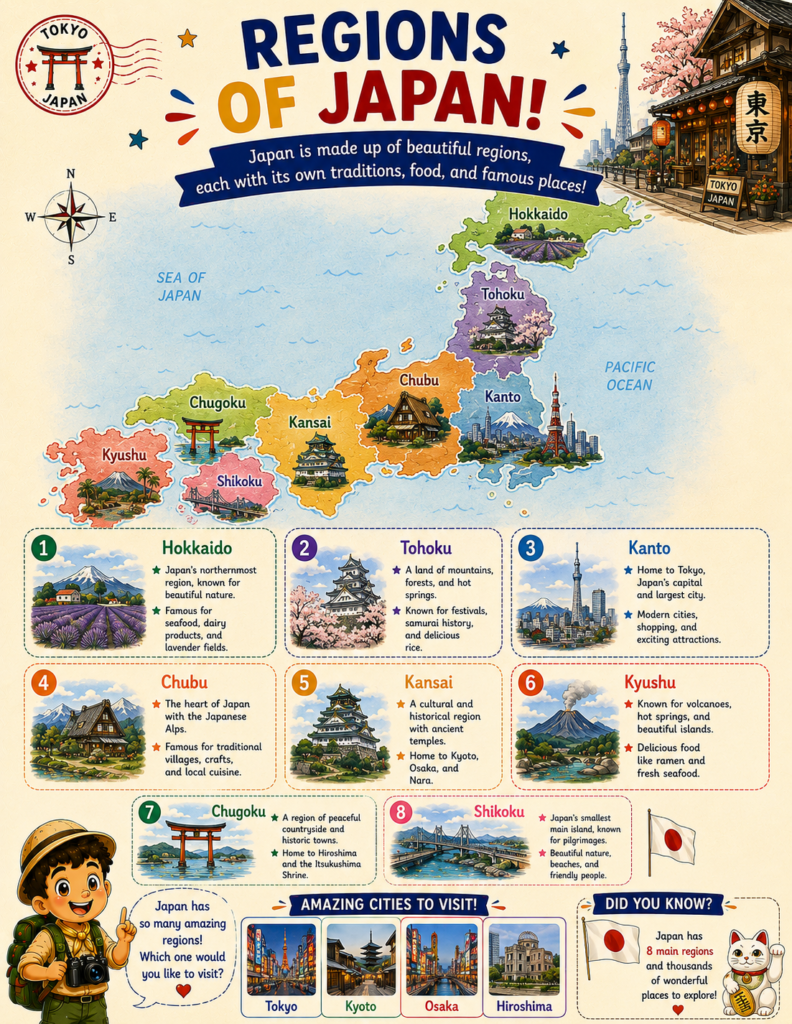 Japan regions educational worksheet helping kids learn about different areas of Japan