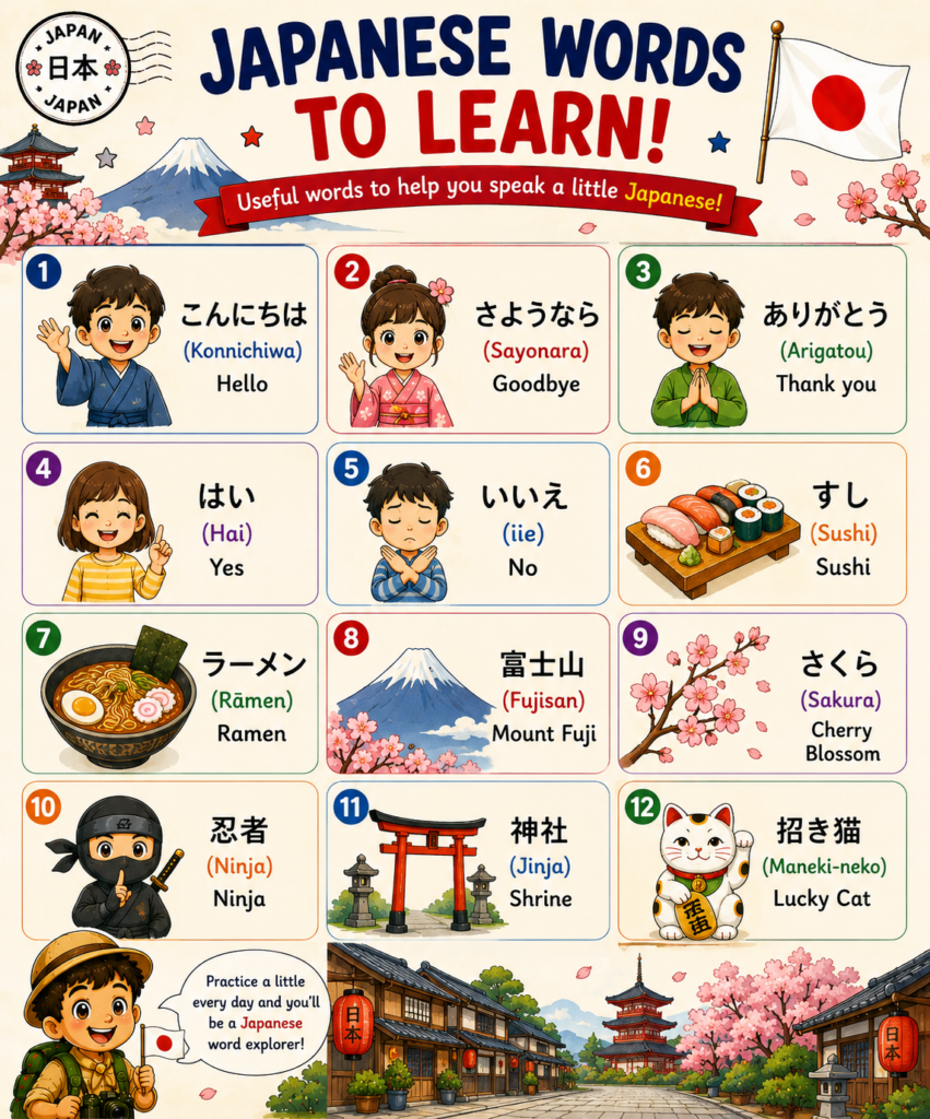 Basic Japanese words for kids printable vocabulary learning page