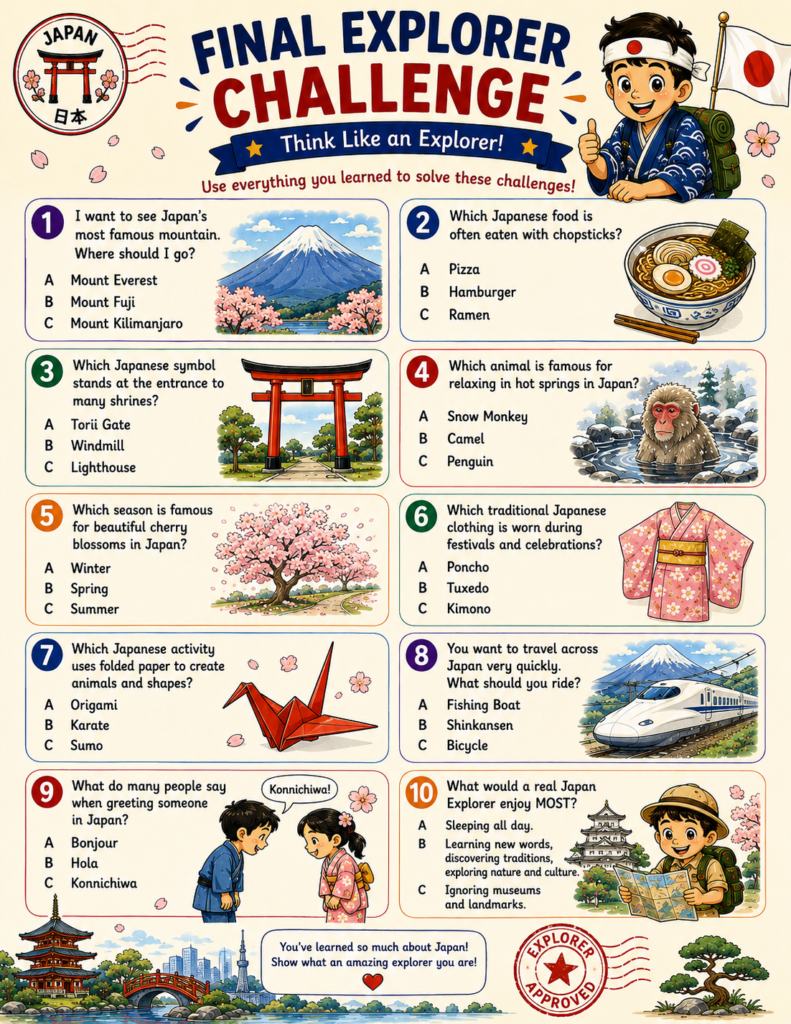 Japan geography quiz printable page testing kids' knowledge through fun questions