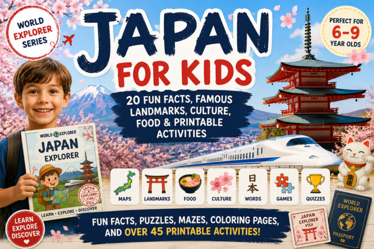 Japan for Kids educational guide featuring fun facts, famous landmarks, culture, food and printable geography activities for children