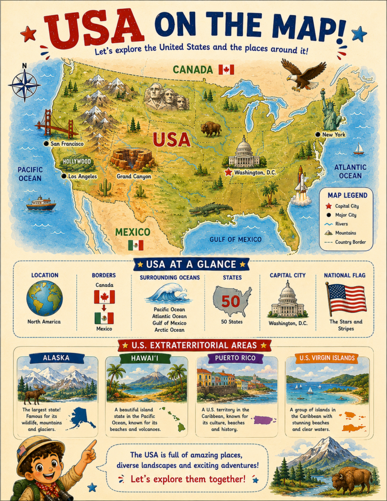 Printable map of the United States helping kids learn states and geography