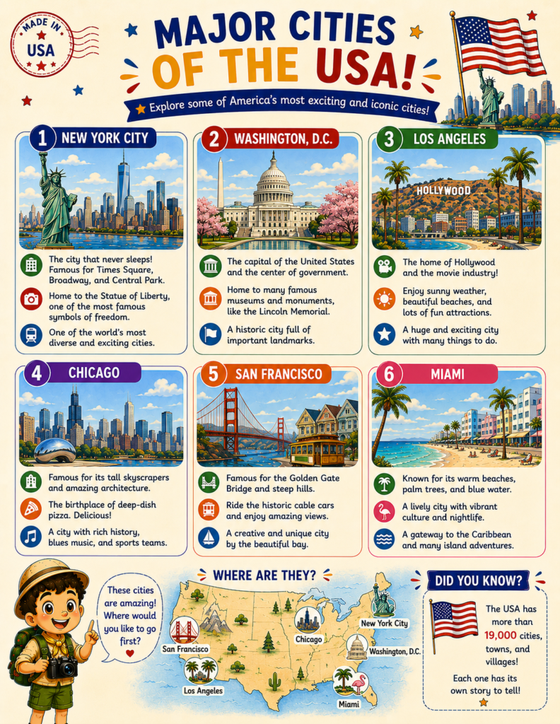 Major cities of the United States printable geography page for children