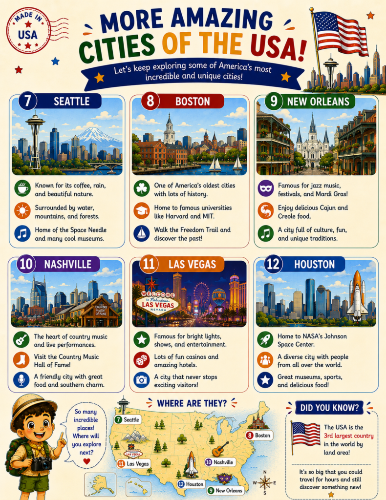 Major cities of the United States printable geography page for children