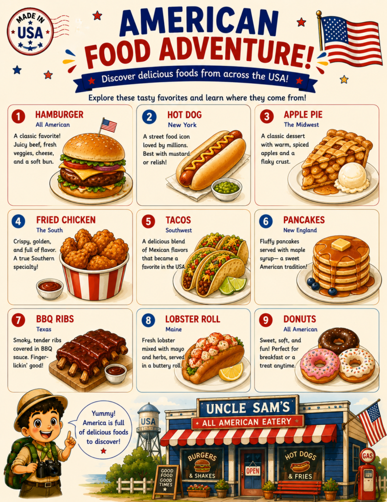 American food printable activity page featuring popular foods from the United States