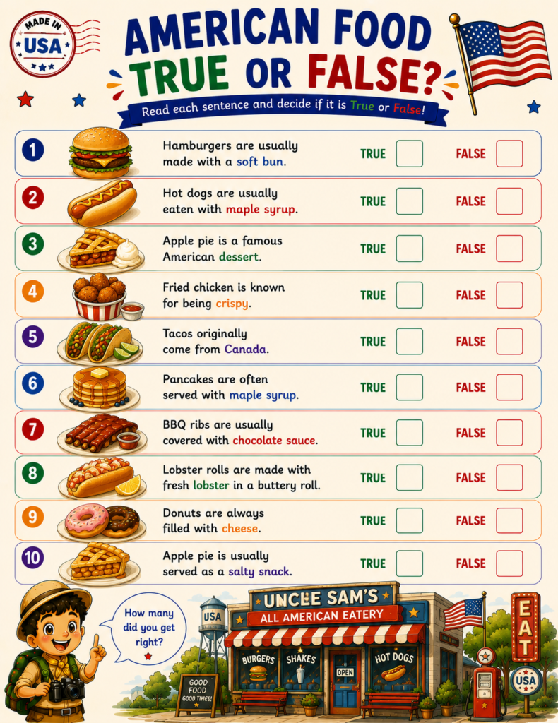 American food printable activity page featuring popular foods from the United States