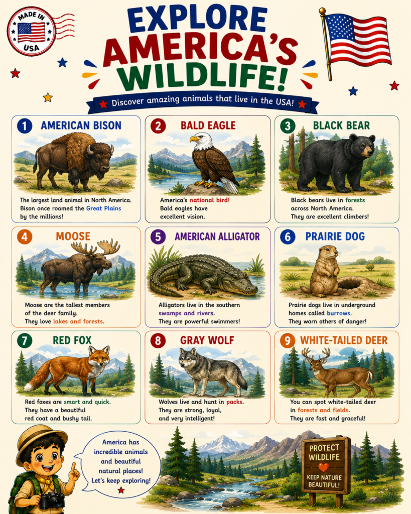 USA wildlife printable page introducing amazing American animals for kids