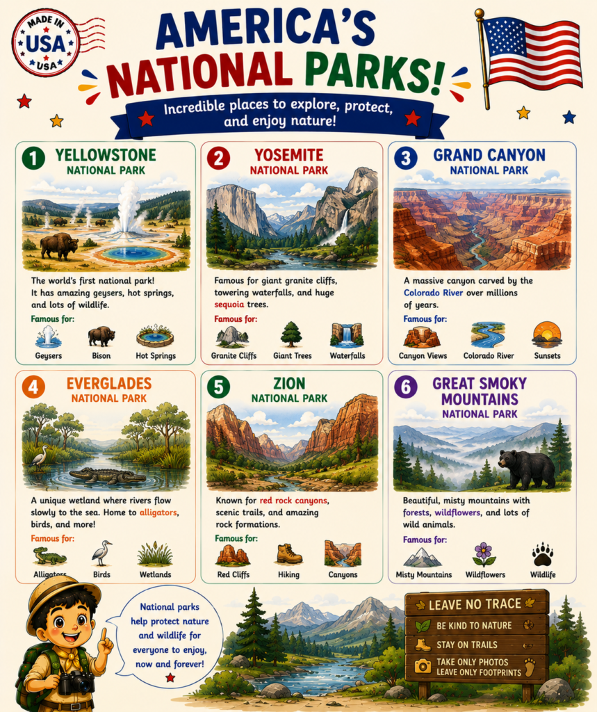 USA national parks printable page introducing famous American natural wonders