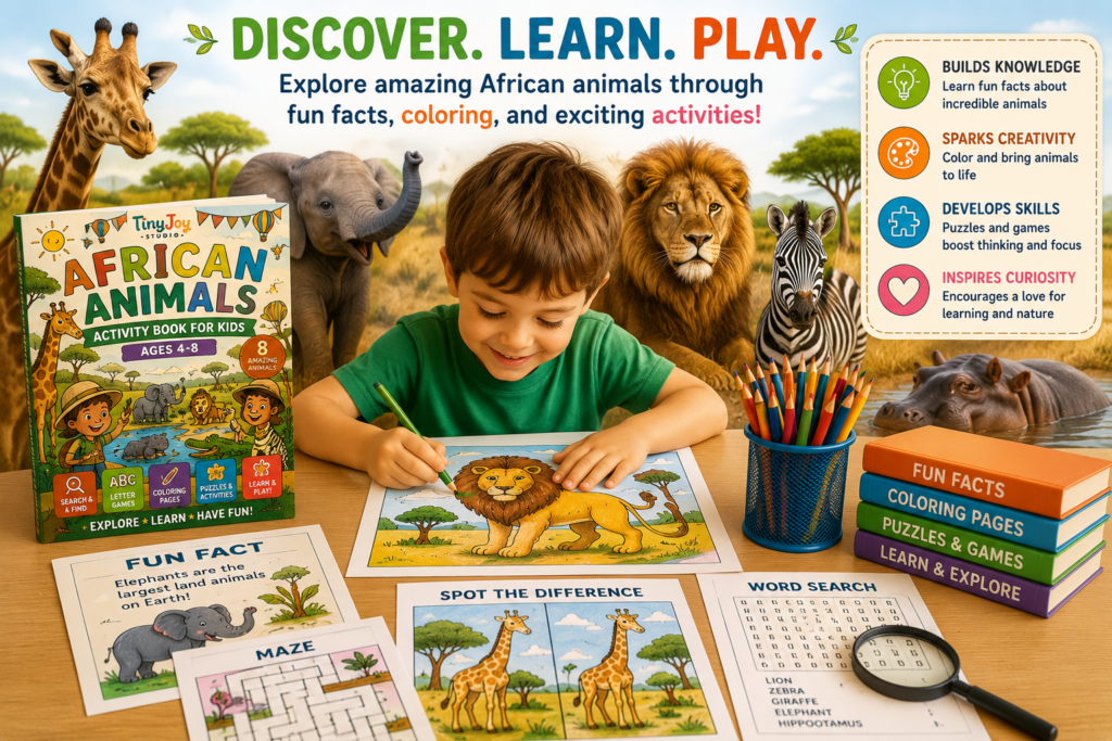 Children learning about African animals through fun educational activities, coloring pages, animal facts, puzzles, and creative hands-on learning.