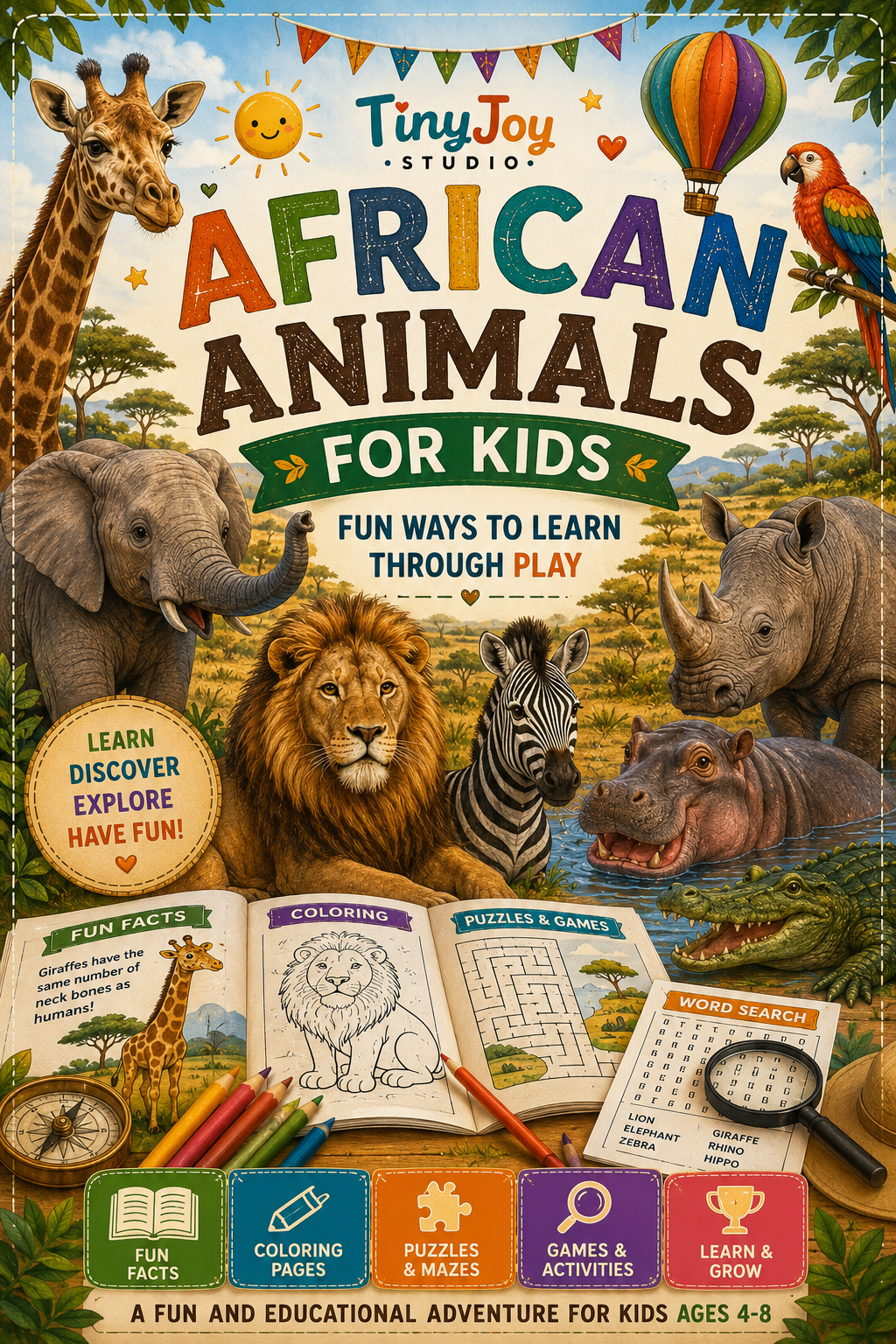 African animals for kids featuring lions, elephants, giraffes, zebras, rhinoceroses, hippopotamuses, and educational activities that encourage learning through play.