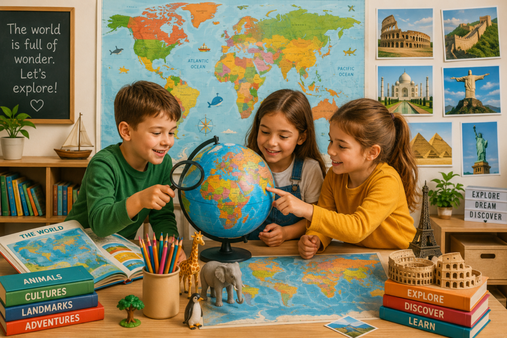 Children exploring a world map and globe while learning geography, countries, cultures, landmarks, and global awareness through fun educational activities.